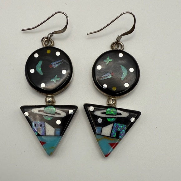 New 925 Sterling Silver Stone Inlay Outer Space Night Sky Hook Earrings